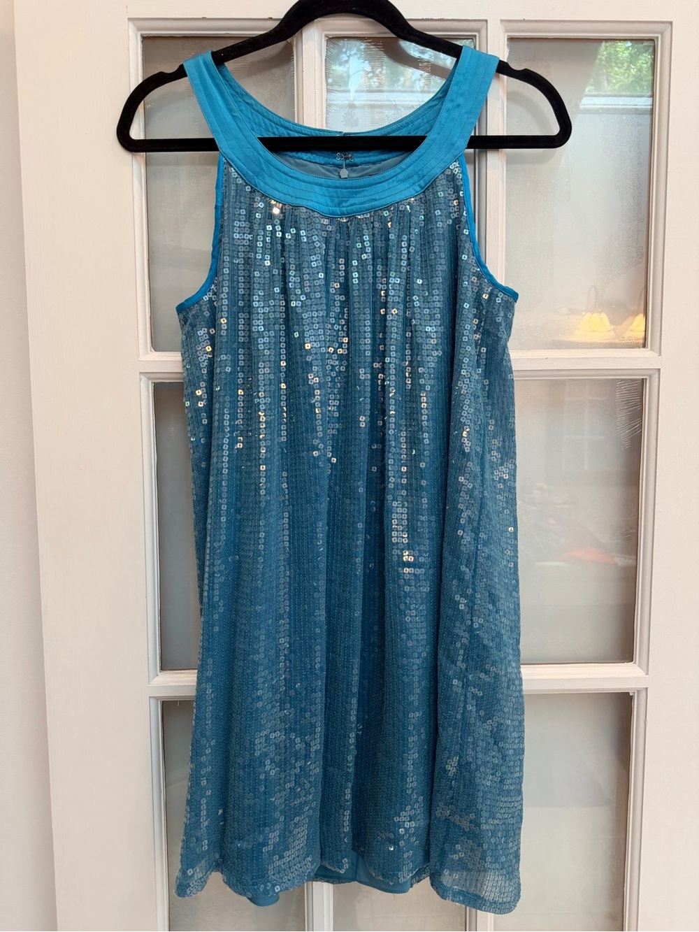 Vintage Betsey Johnson Y2K Silk Ocean Blue Teal Sequined Trapeze Dress Size 8